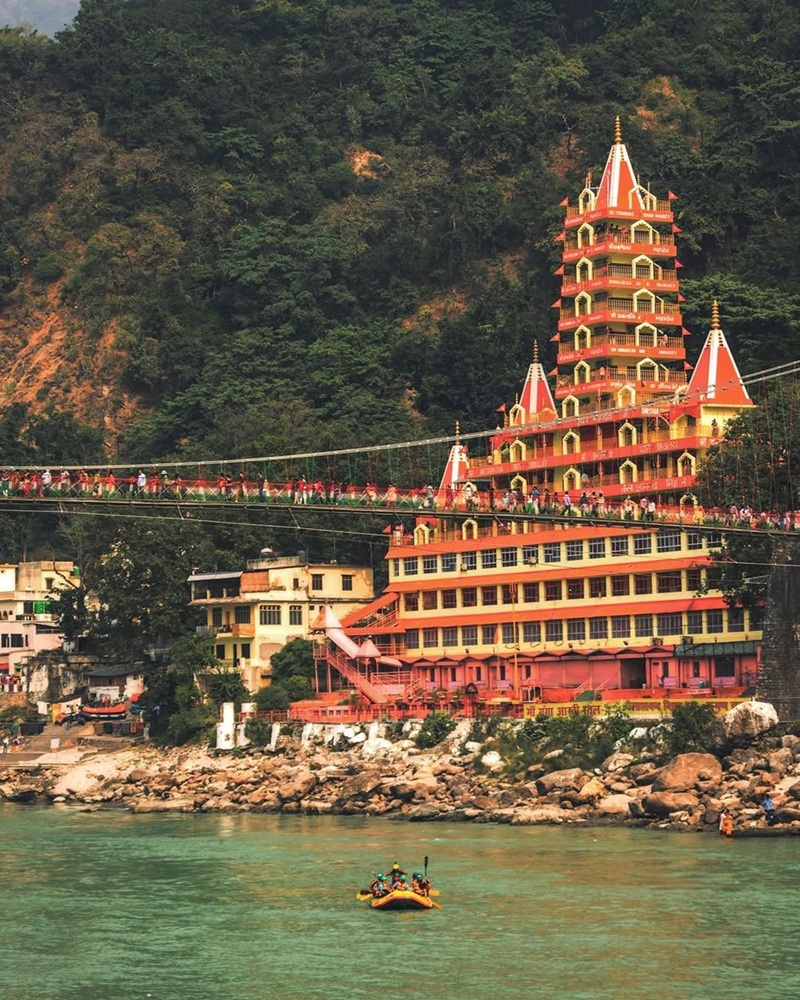 The Iconic Tera Manzil Temple, situated near Lakshman Jhula, Rishiskesh, Uttarakhand