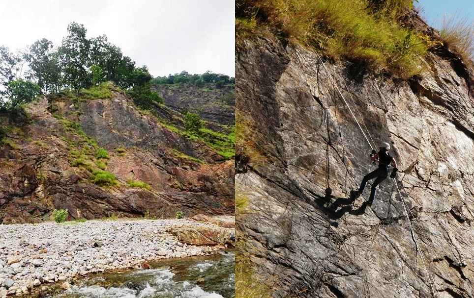 Phool Chatti Rock Patch for High Power Rappelling and at the bottom, Hemal River for Cooling Off