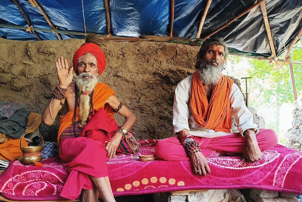 Sadhus and visitors at Mauni Baba Cave in Rishikesh
