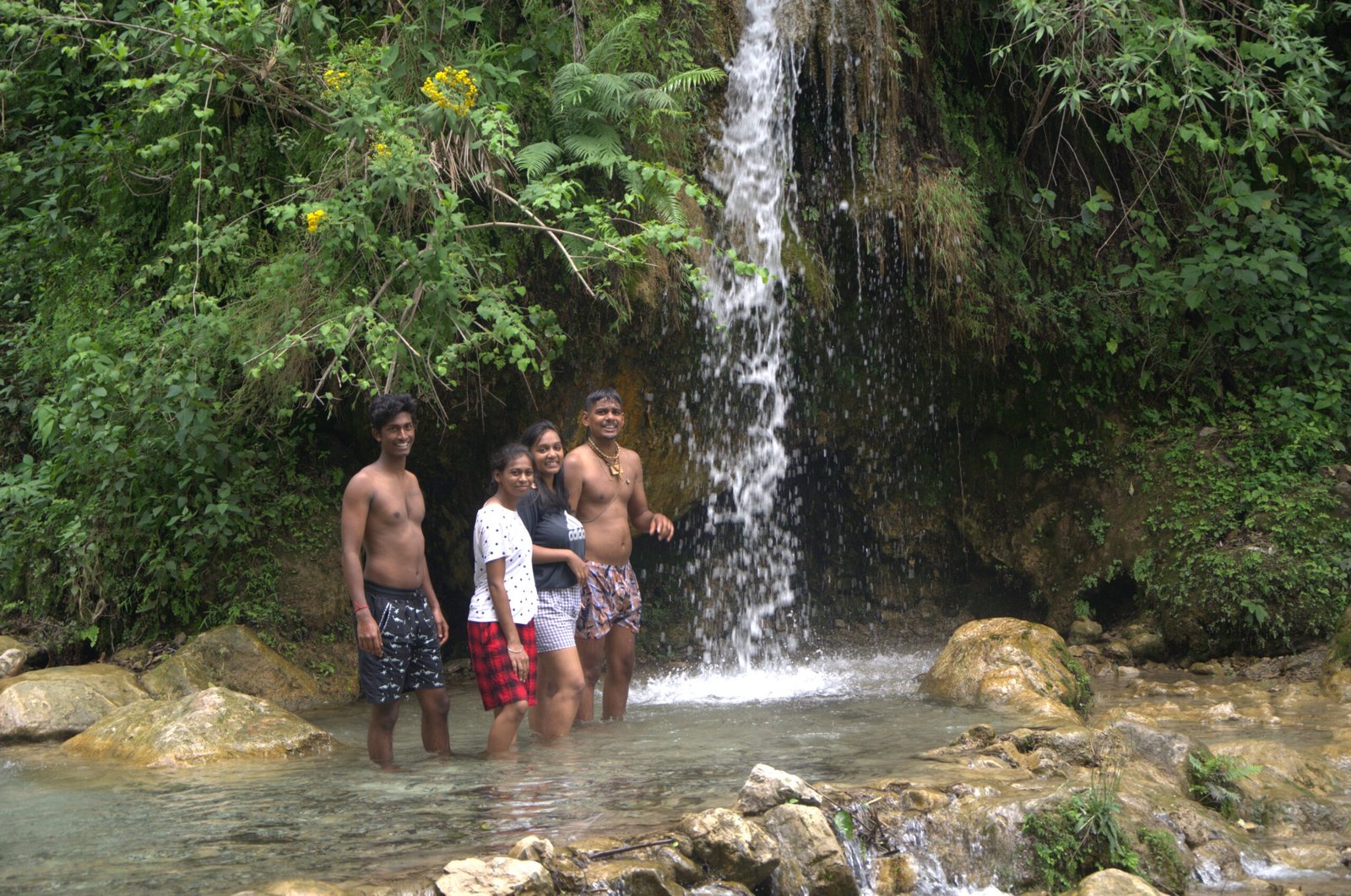 A secluded waterfall surrounded by greenery near Rishikesh