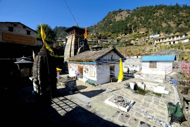 Triyuginarayan Temple and traditional Himalayan village in Uttarakhand